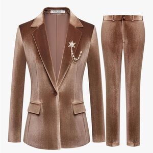 Elegant Brown Velvet Blazer and Pants Set